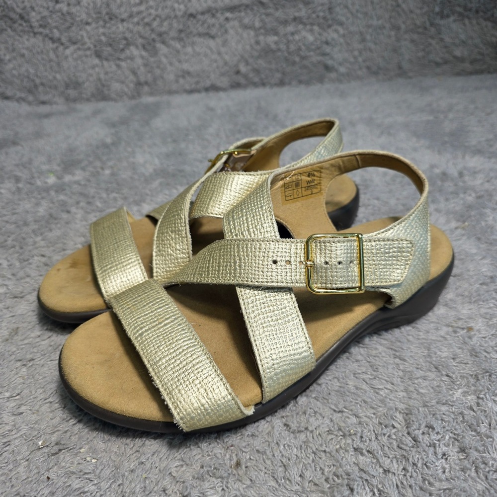 SAS Sandals Gold Leather Strappy Comfort Buckle Women 6.5 WW‎ Extra WIDE